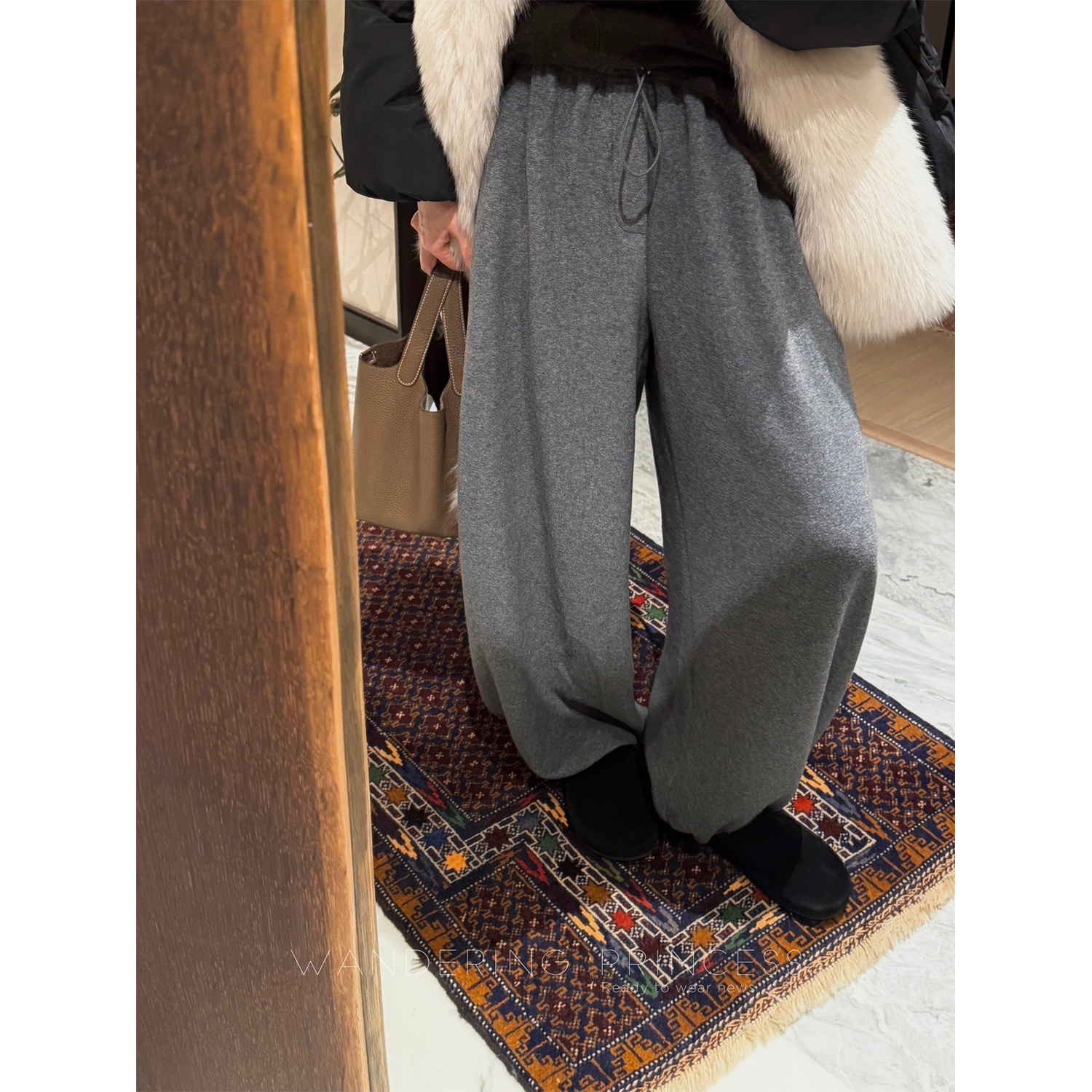 钱美西 天丝羊毛440g复合加厚垂感高腰宽松显瘦2色毛巾休闲裤女