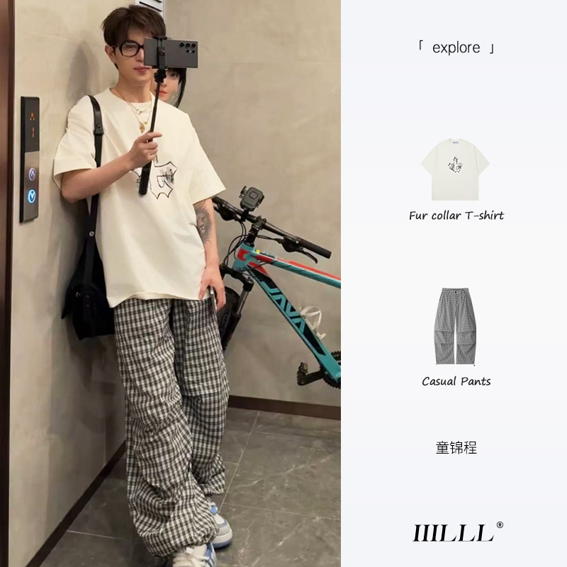IIILLL童锦程格子弯刀裤男春夏美式复古情侣褶皱伞兵裤阔腿休闲裤