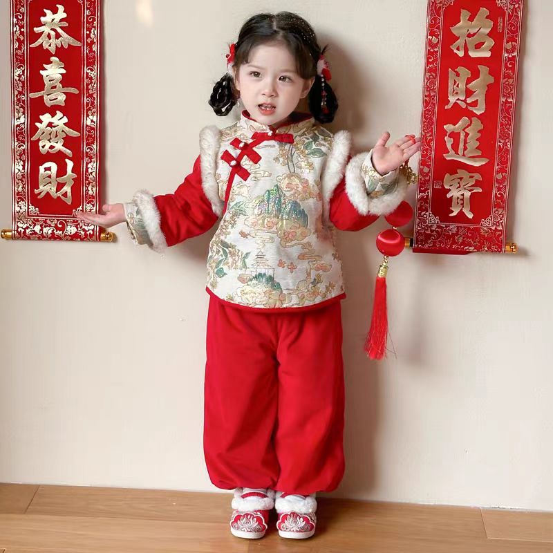 8115女童加绒套装秋冬季新款宝宝中式国风过年服儿童冬装拜年汉服
