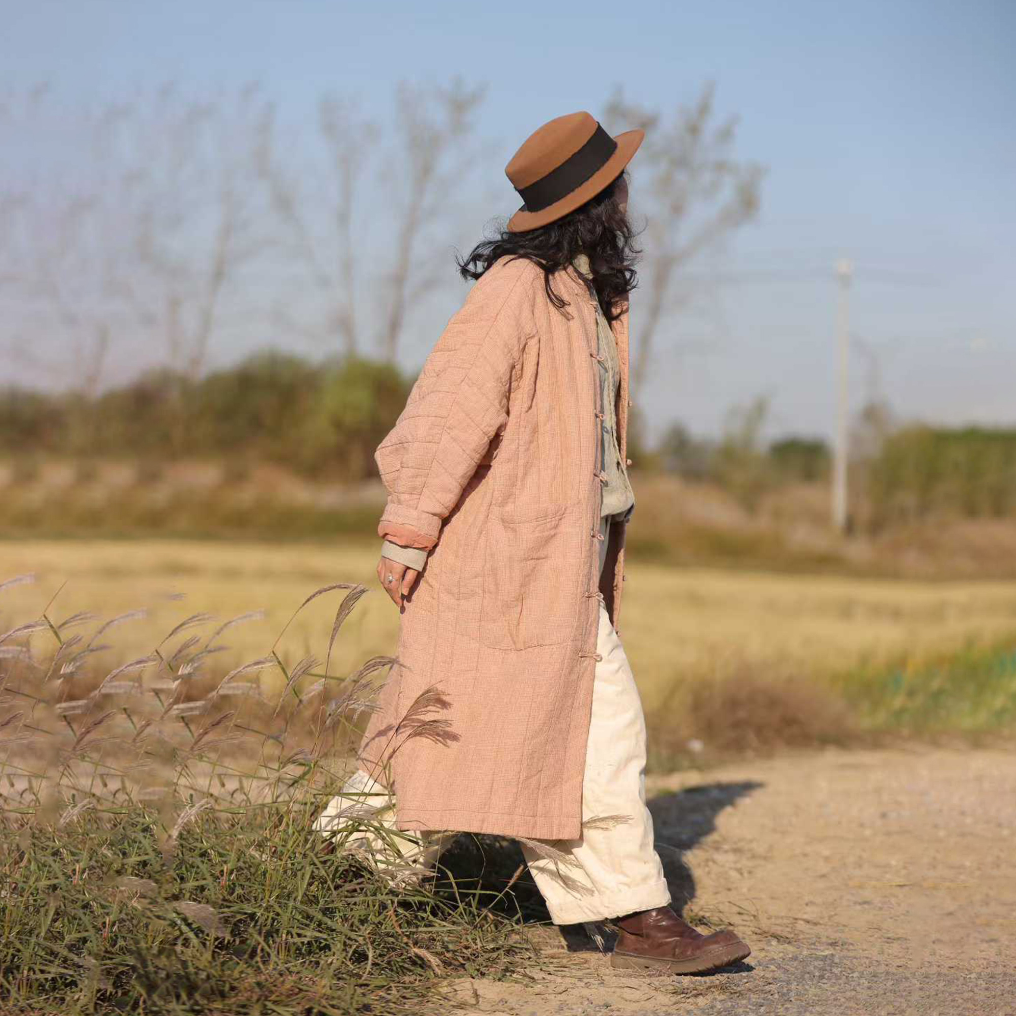 彭彭家 7306 亚麻炒色复古盘扣中长款棉衣外套 古兰木