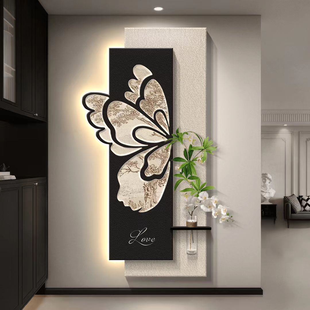 蝴蝶玄关装饰画现代轻奢入户进门挂画水培绿植走廊过道墙壁画   