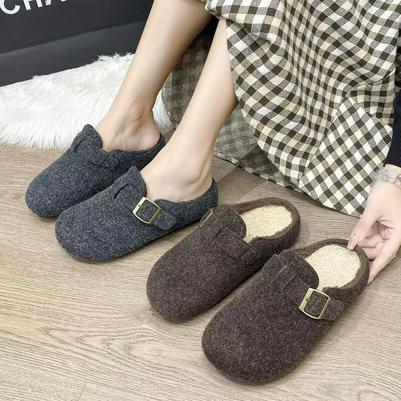 2507实拍秋冬新款森系毛毡包头毛毛拖鞋棉拖加绒保暖外穿女拖鞋B7