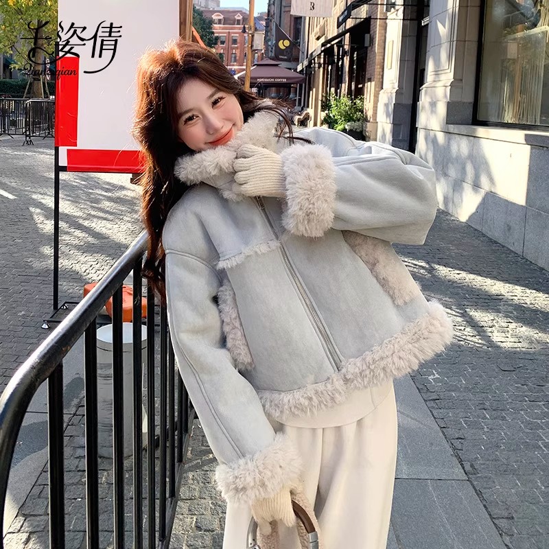 2025秋冬插肩袖立领纯色皮毛一体韩系短外套休闲上衣时尚百搭网红