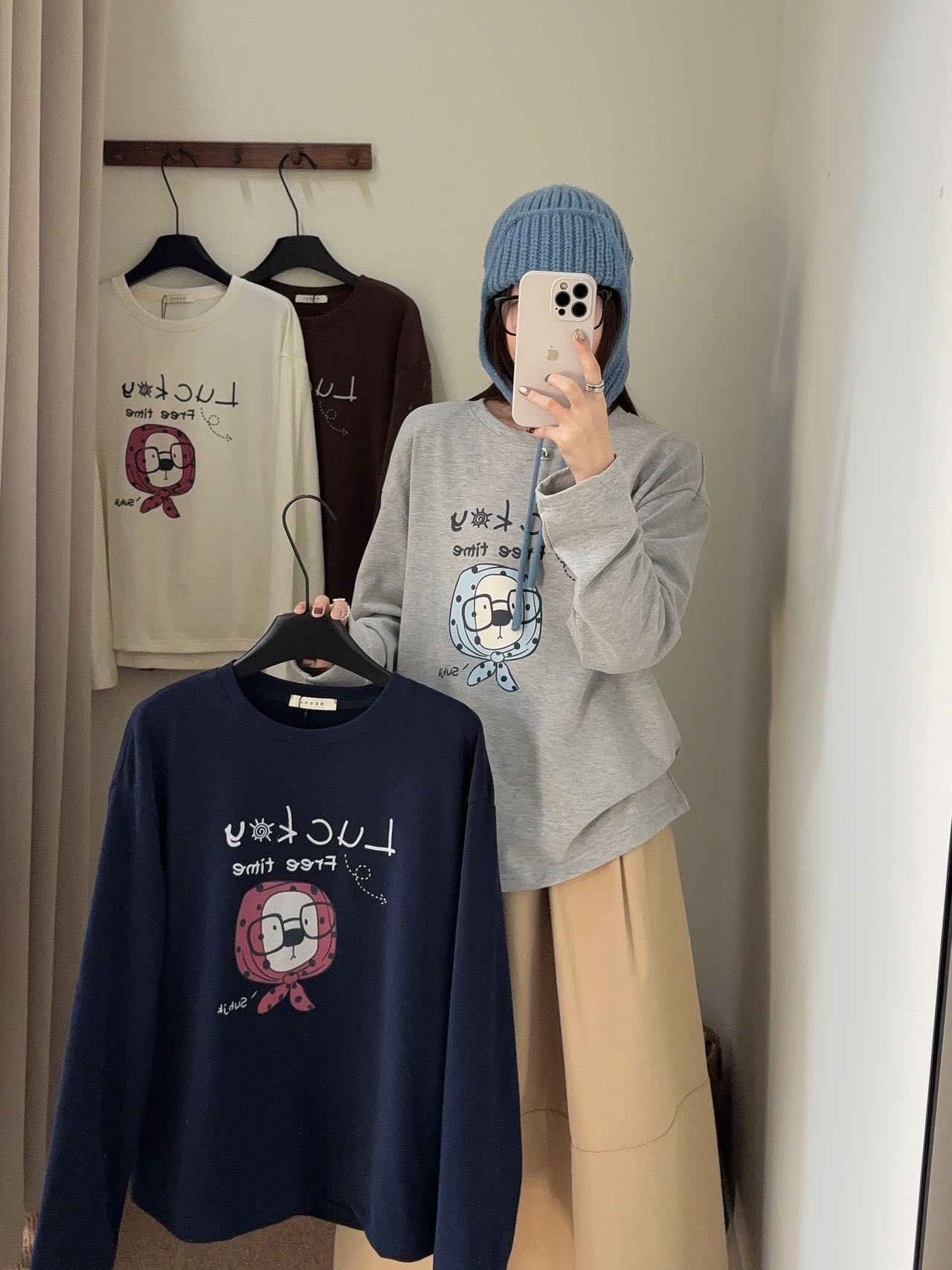 阿悄家 HN 冬季加绒云朵绒趣味眼睛小狗卡通印花磨毛T恤#D9090