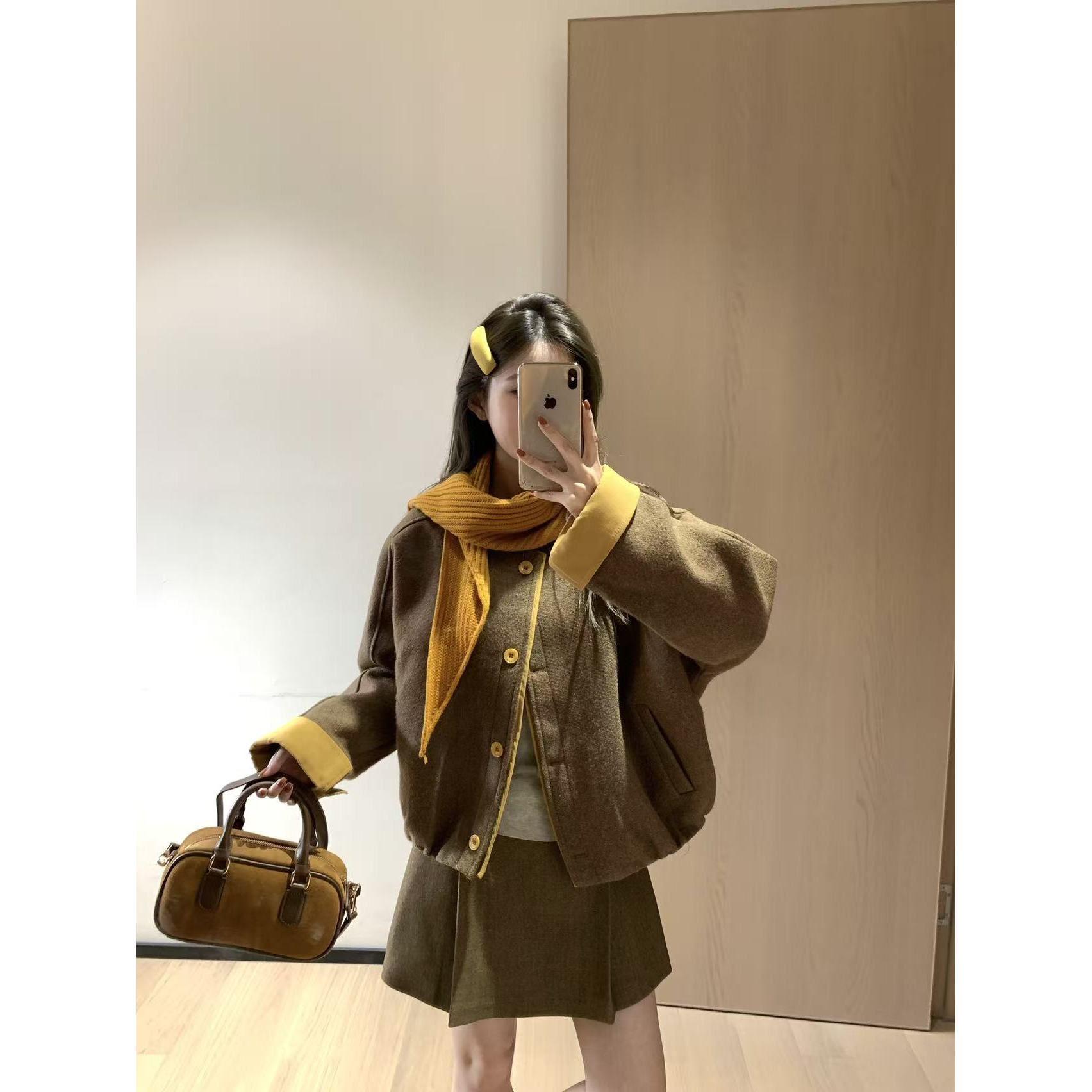 韩11毛呢短款夹克外套2025新款带披肩搭配外套990059
