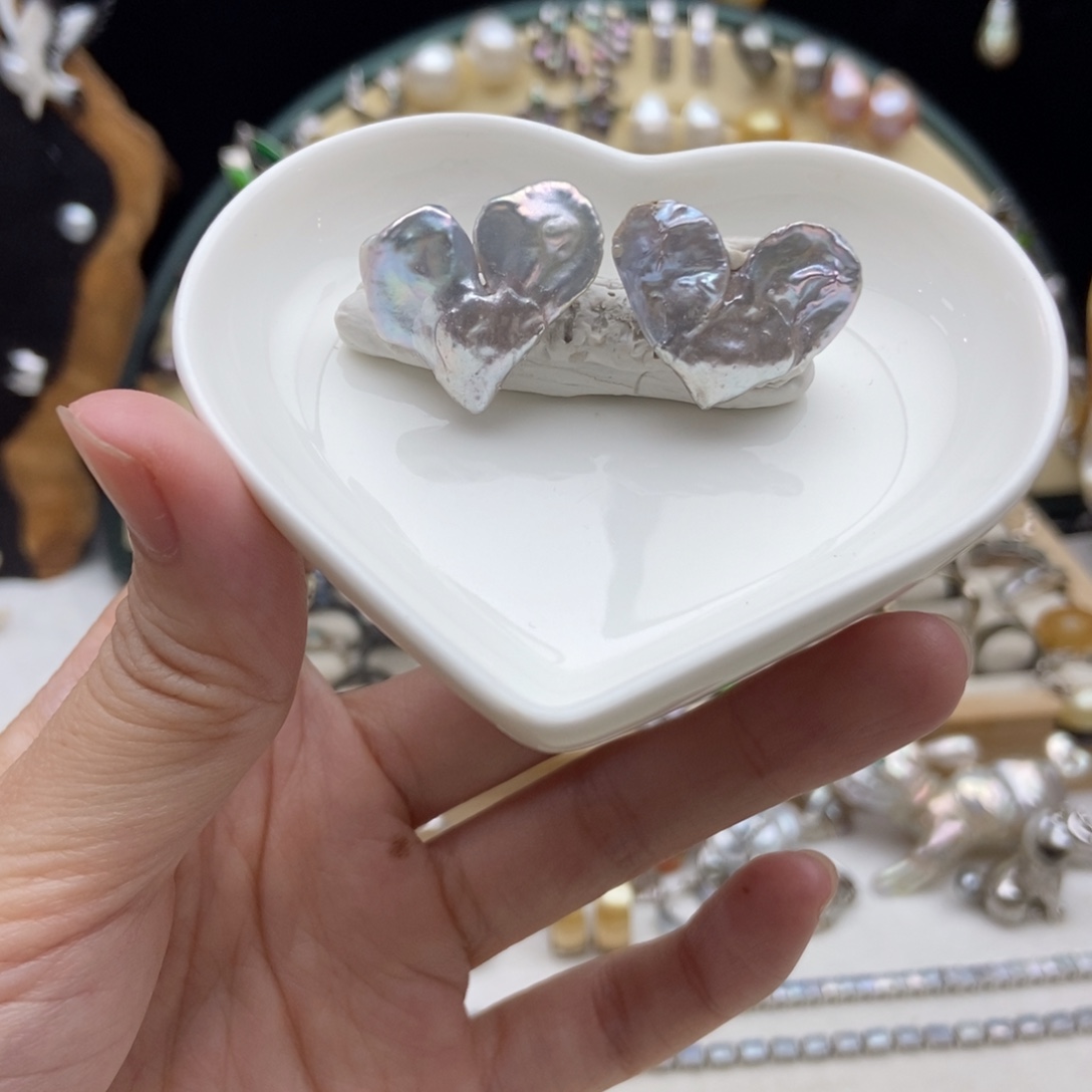 画框淡水珍珠银S925镶嵌爱心耳钉