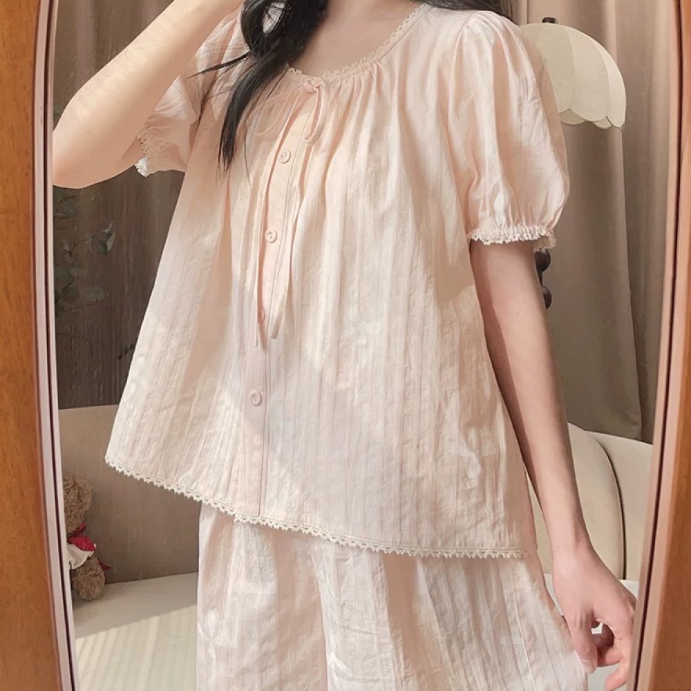 短袖短裤睡衣女春秋款纯棉女大码全棉家居服夏天薄款女士套装