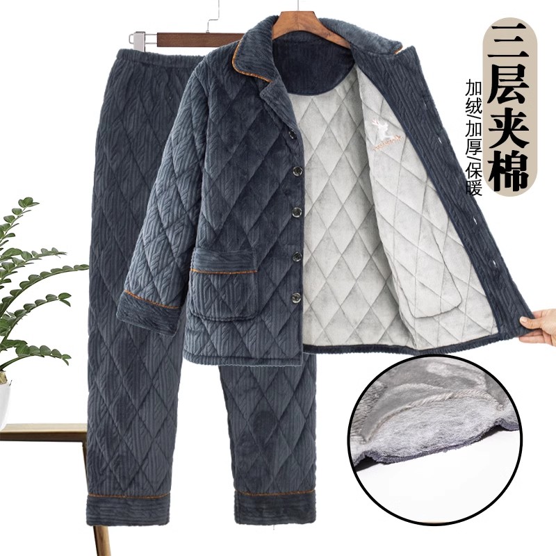 男加厚夹棉睡衣套装大码加绒老年人冬天秋冬季家居服