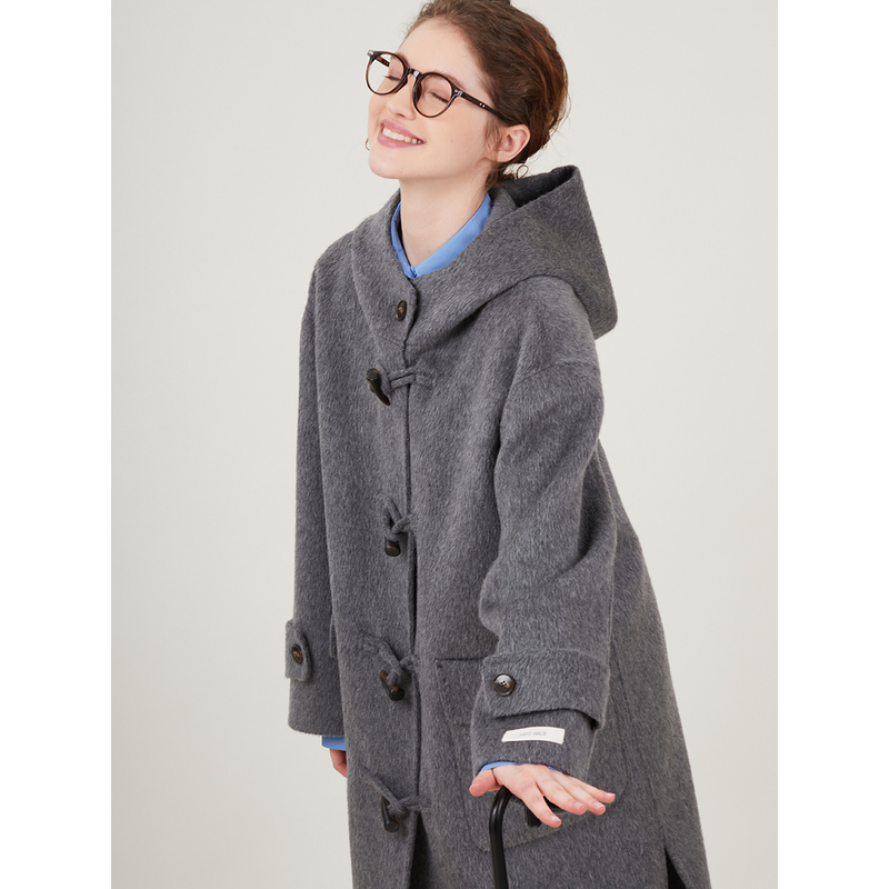OOR之一 学院灰牛角扣全羊毛呢大衣连帽长款宽松秋冬外套A字9004