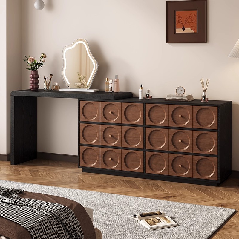 中古风胡桃木梳妆台斗柜一体高级感中式实木化妆桌美式复古化妆台