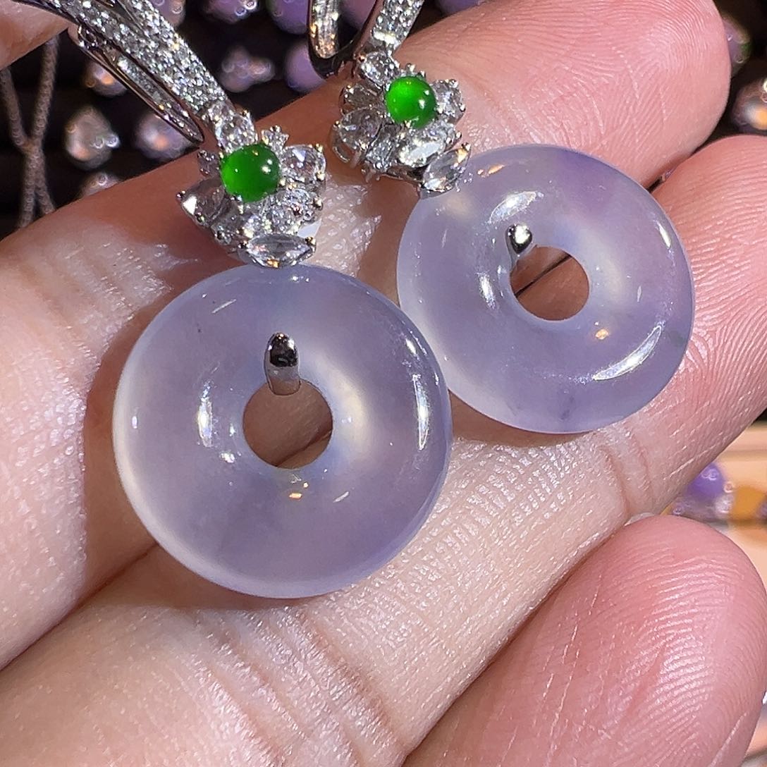 翡翠耳饰18K金镶嵌高冰紫底平安扣