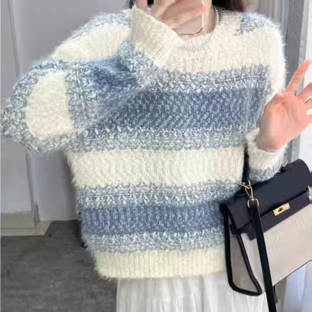 【眉山火狐狸】D15376圆领针织网红时尚百搭宽松条纹加厚秋冬毛衣