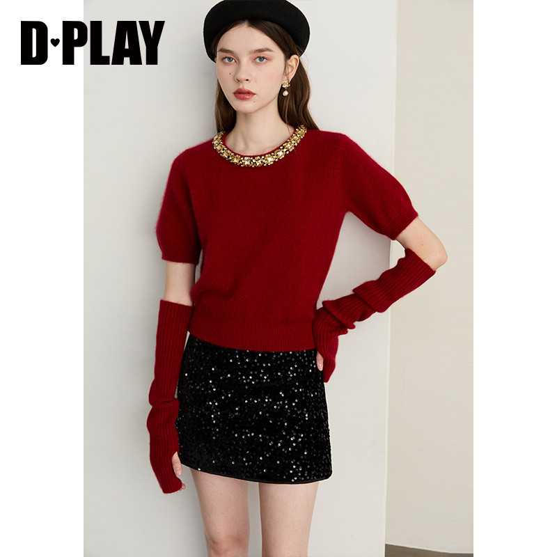 DPLAY【轻奢闪钻系列】2025年冬季新款红色亮片含羊毛气质毛衣
