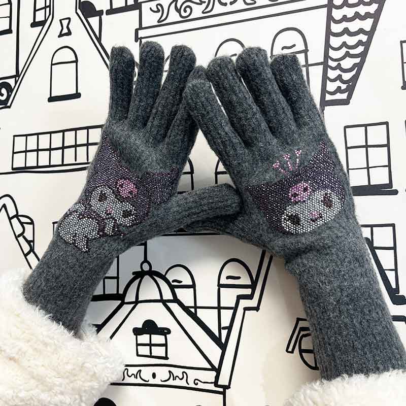 羊毛混纺针织手套女冬季保暖可触屏软糯毛线露指五指手套