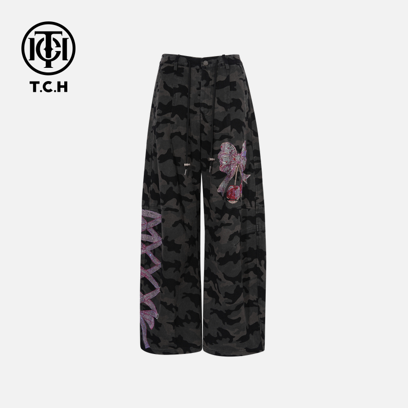 TCH烫钻工艺时尚休闲百搭蝴蝶结牛仔裤女T75C20E5060轻奢tch