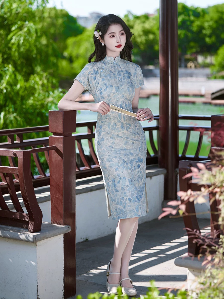 【不晚—兰亭序】新款夏季蓝色中长款旗袍温婉气质显瘦日常穿