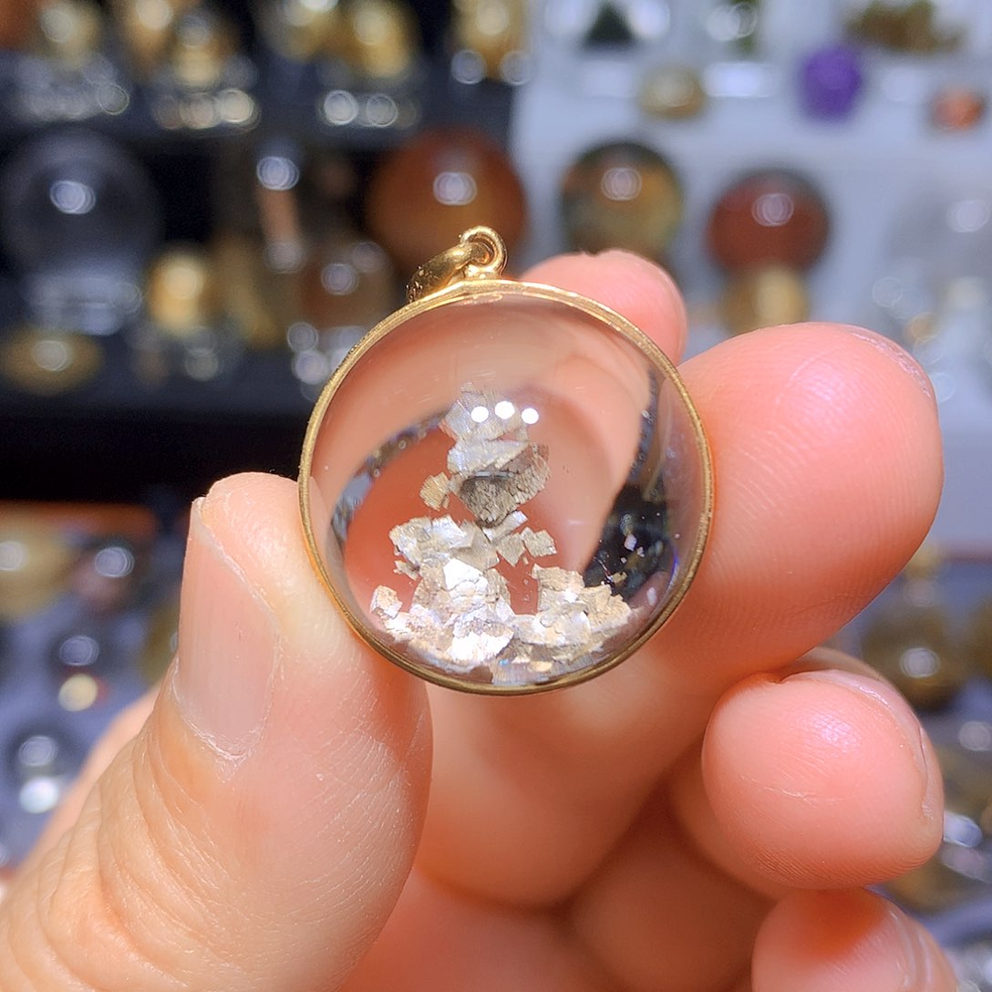 水晶吊坠银S925镀金镶嵌天然水晶