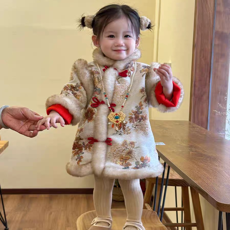 女童冬季国风连衣裙加绒加厚唐装女宝宝中国风旗袍裙周岁拜年服冬