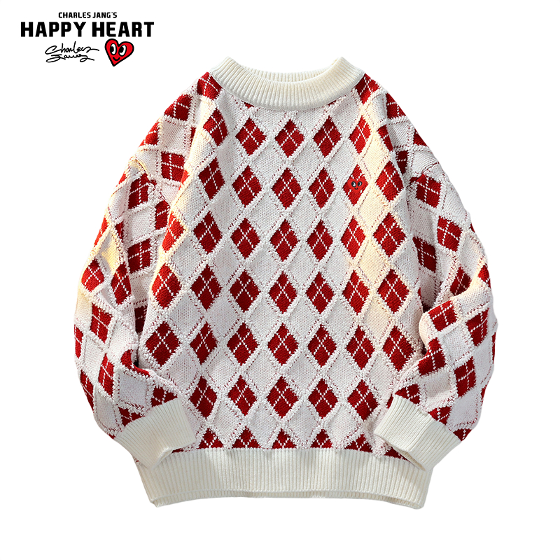 查尔斯桃心菱形格子红色毛衣过年战袍秋冬日系复古保暖针织衫内搭