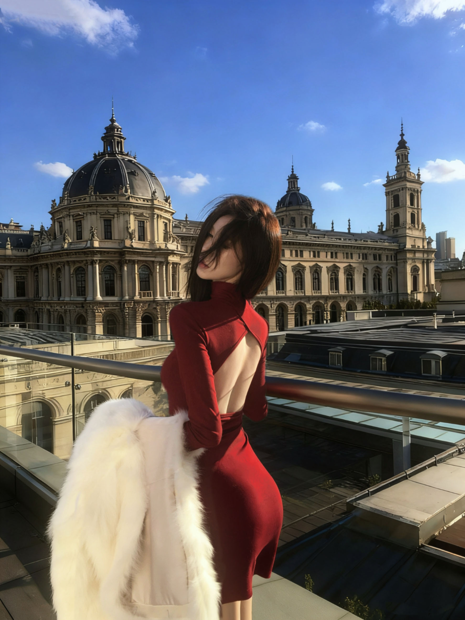 圣诞红色高领露背长袖连衣裙女秋冬季辣妹修身打底包臀生日短裙子