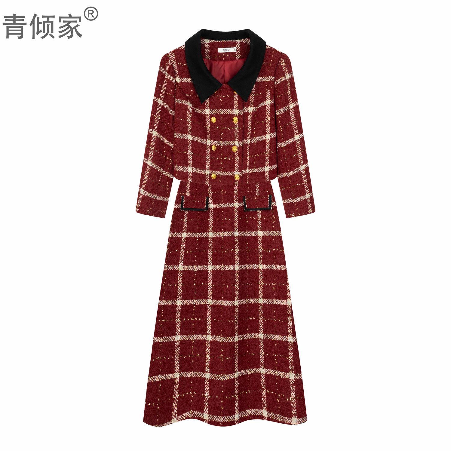 青倾家【恭喜发财】圣诞香风格纹显瘦外套+半裙套装冬季秋冬