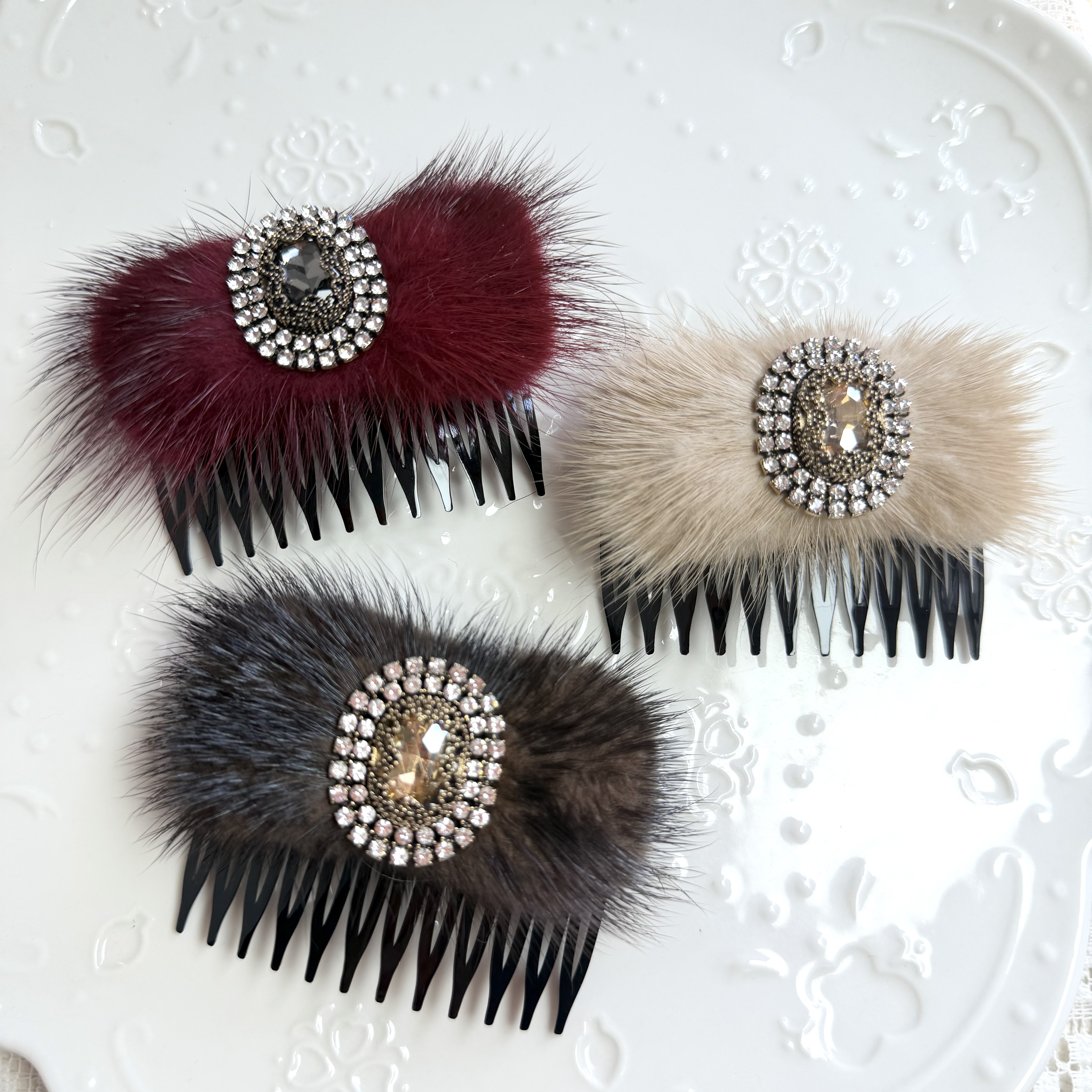 韩国Eunoia Nero【毛绒感精致锆石齿疏】2093气质百搭韩版毛绒韩式