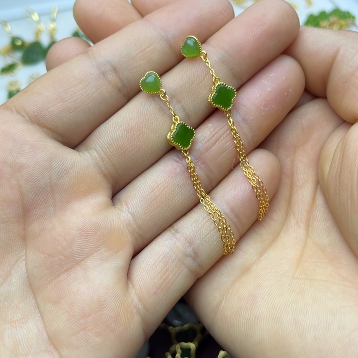 和田玉耳饰银S925镀金镶嵌