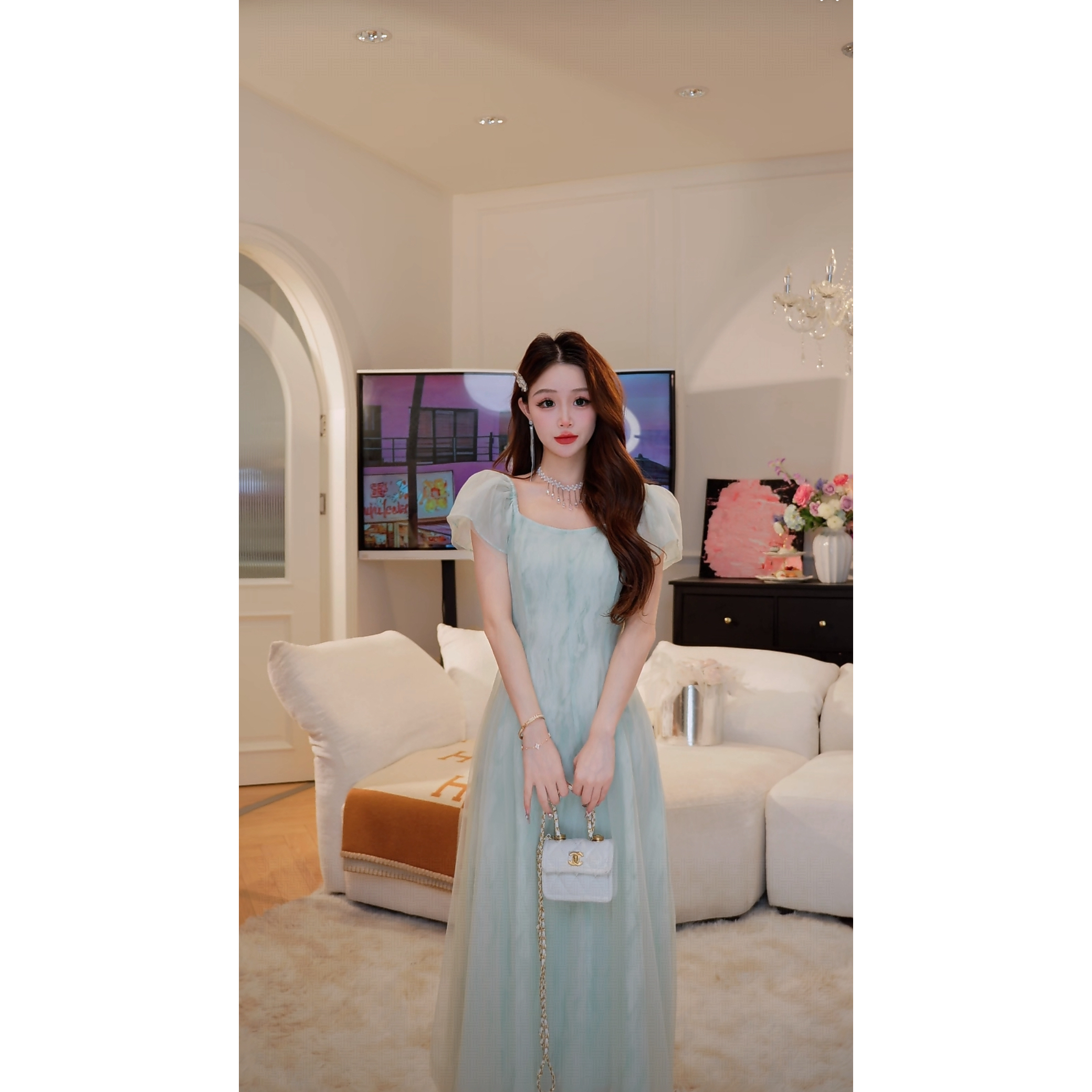 【钱丹丹】新款气质方领网纱拼接收腰连衣裙W53LYQ953