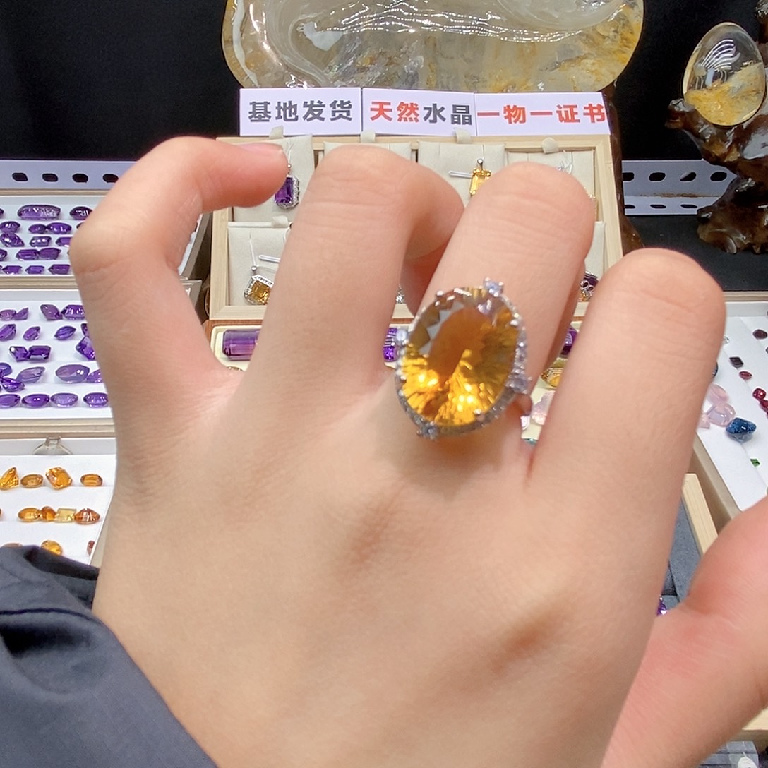 银S925镶嵌水晶珠宝半成品纯天然黄水晶戒指x