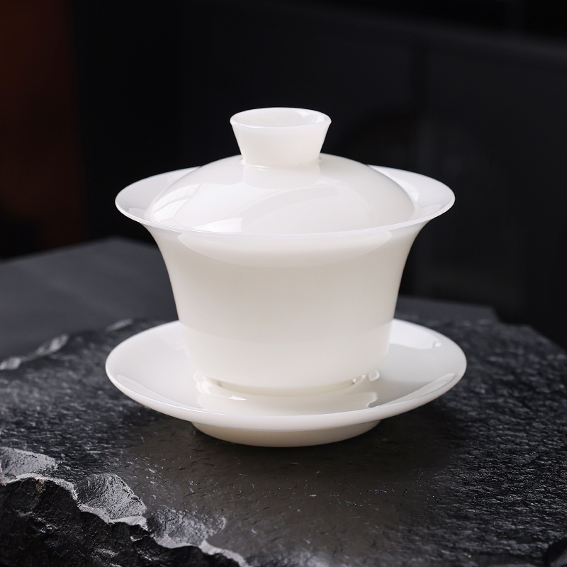 冰种羊脂玉白瓷璞玉马蹄三才盖碗泡茶160ml纯白高档@@Cy124