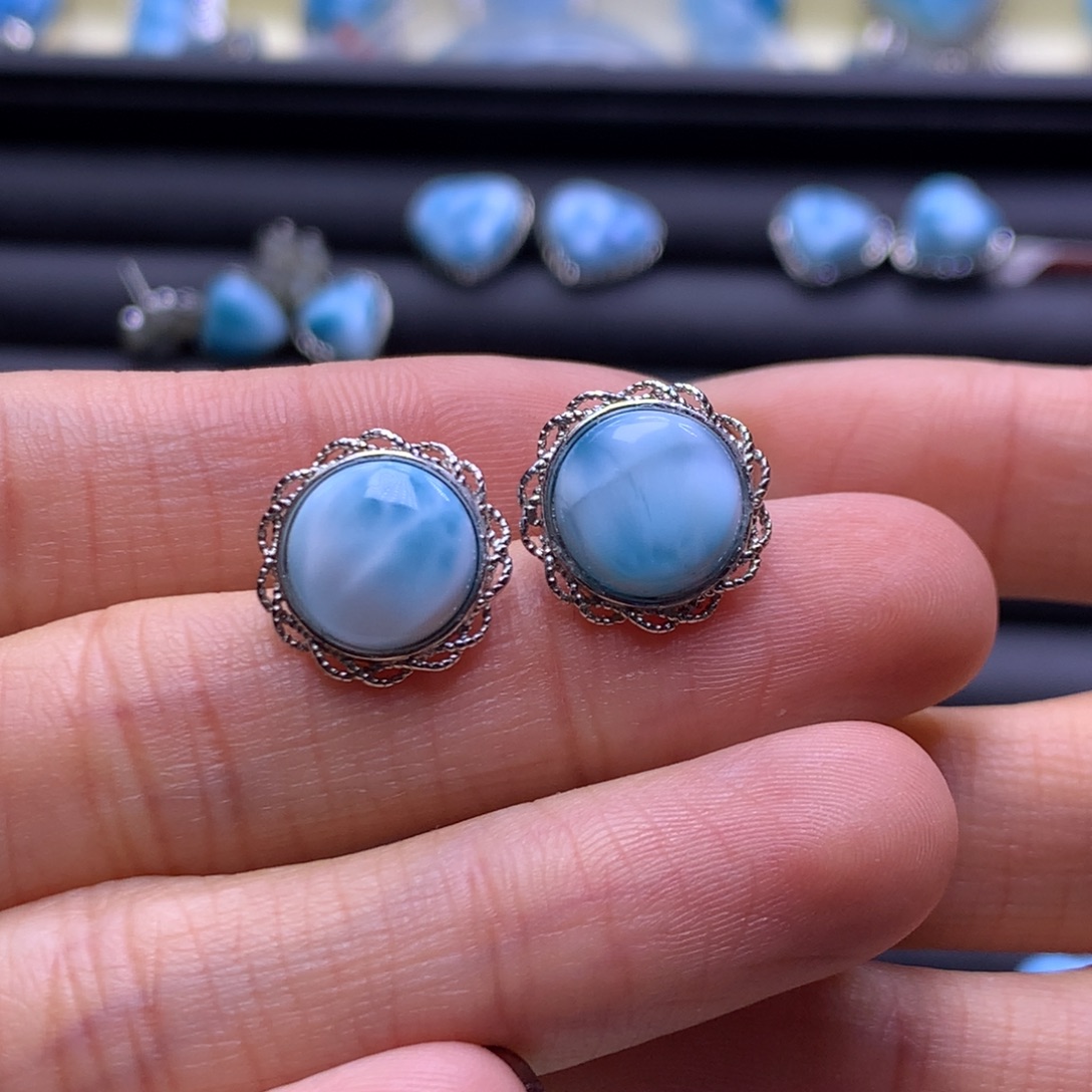 针钠钙石（海纹石）未镶嵌耳饰蛋面耳钉