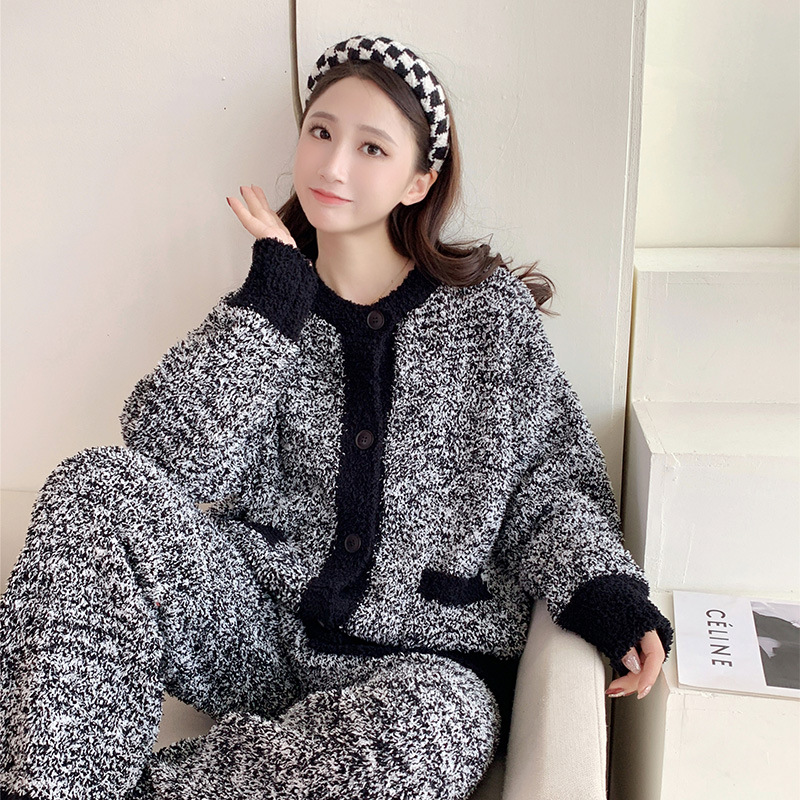 加厚保暖睡衣冬季半边绒家居服少女开衫舒适柔软睡衣套装可外穿