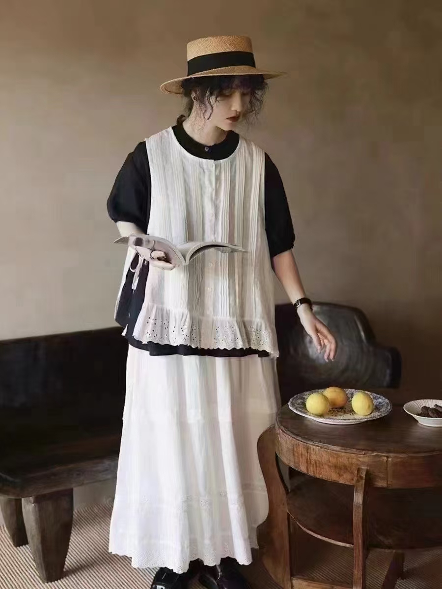 欣益家推荐前打折下摆花边麻料马夹—32805