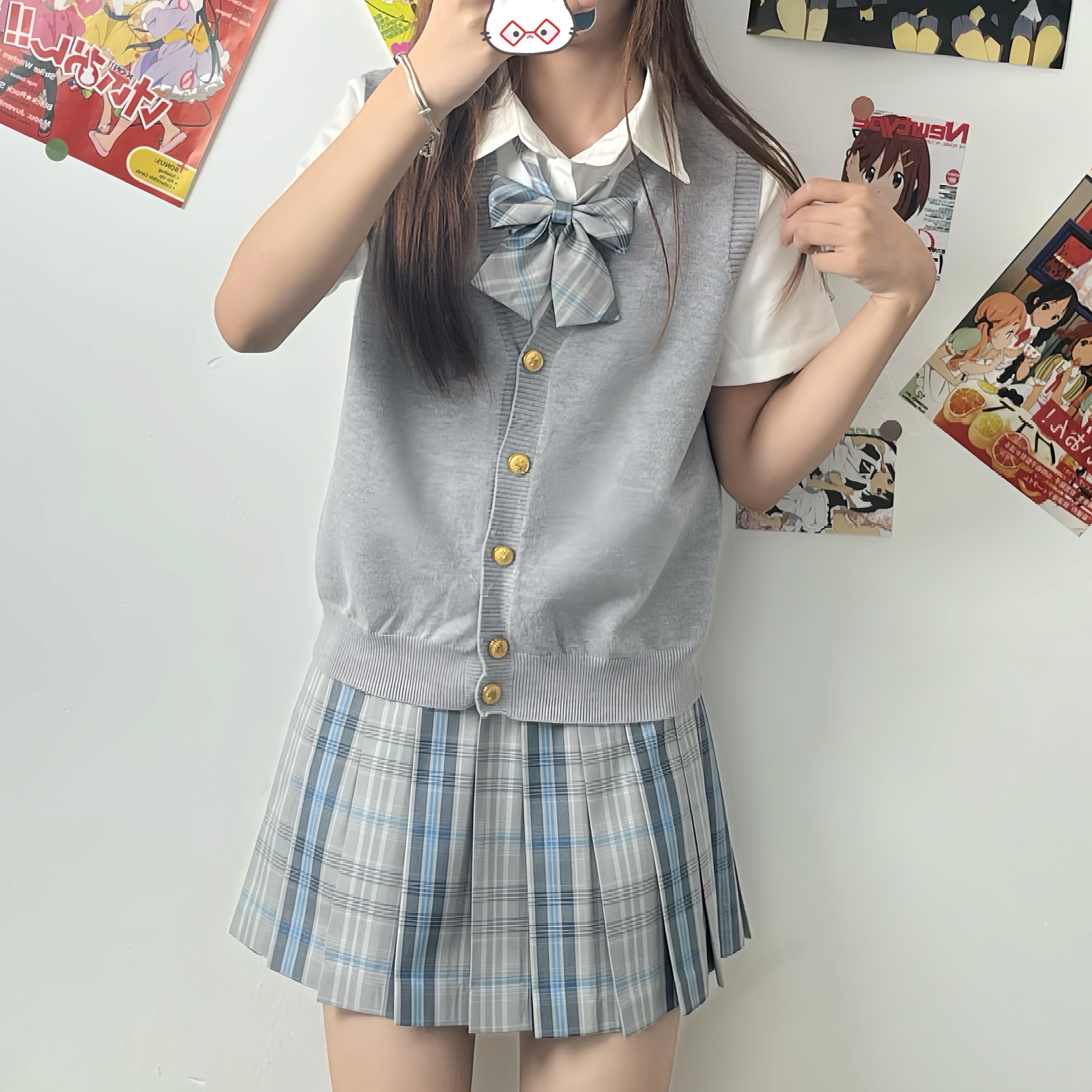 原创JK制服格裙针织背心衬衫日系学院风套装百搭甜美宽松学生春夏