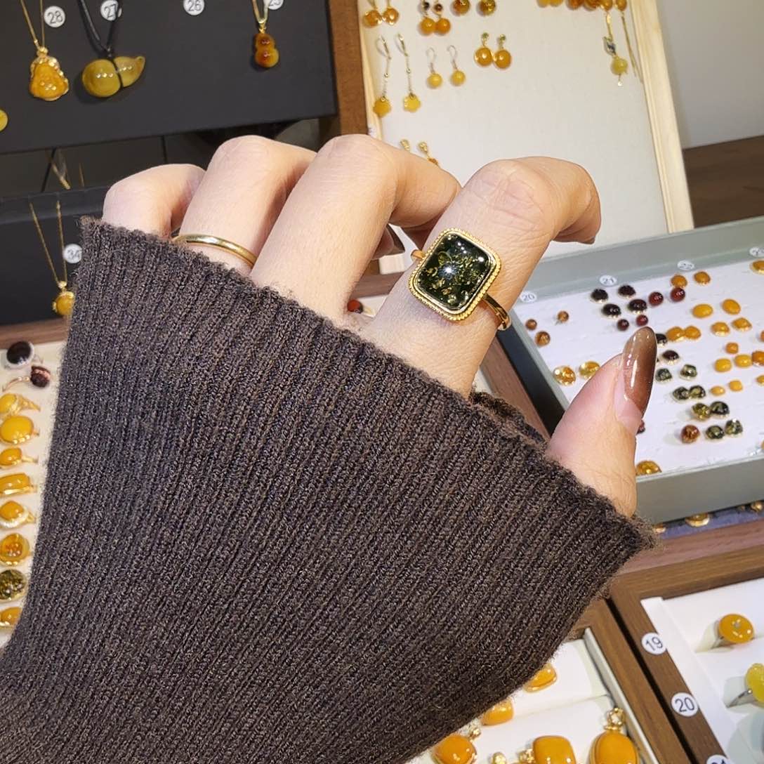 绿珀银S925镀金镶嵌戒指