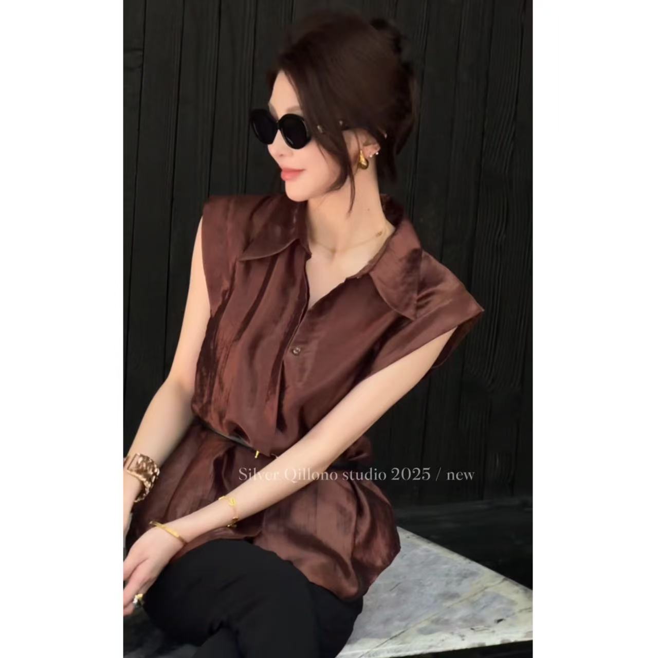 KIKI【微醺热恋】2025夏季高级气质百搭洋气上衣5S3227