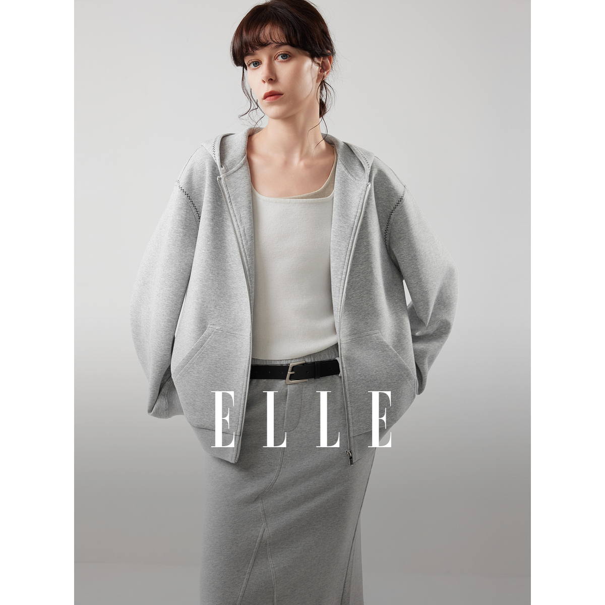 ELLE女装灰色连帽针织卫衣外套2025秋新款休闲上衣L8AFS137