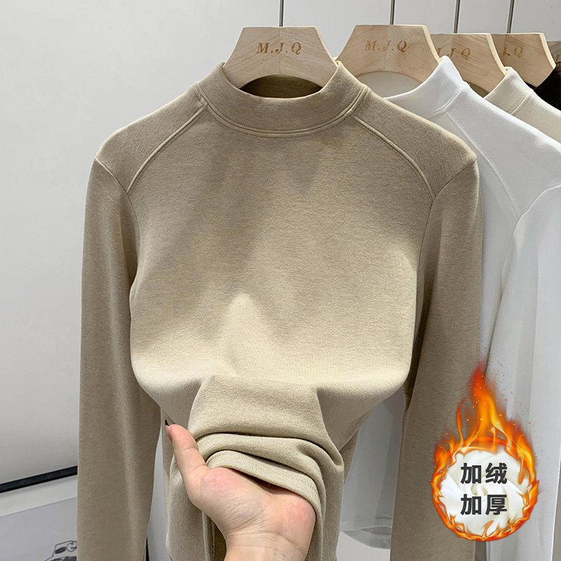 2025秋冬鱼骨线半高领加绒长袖T恤女修身显瘦内搭打底衫上衣