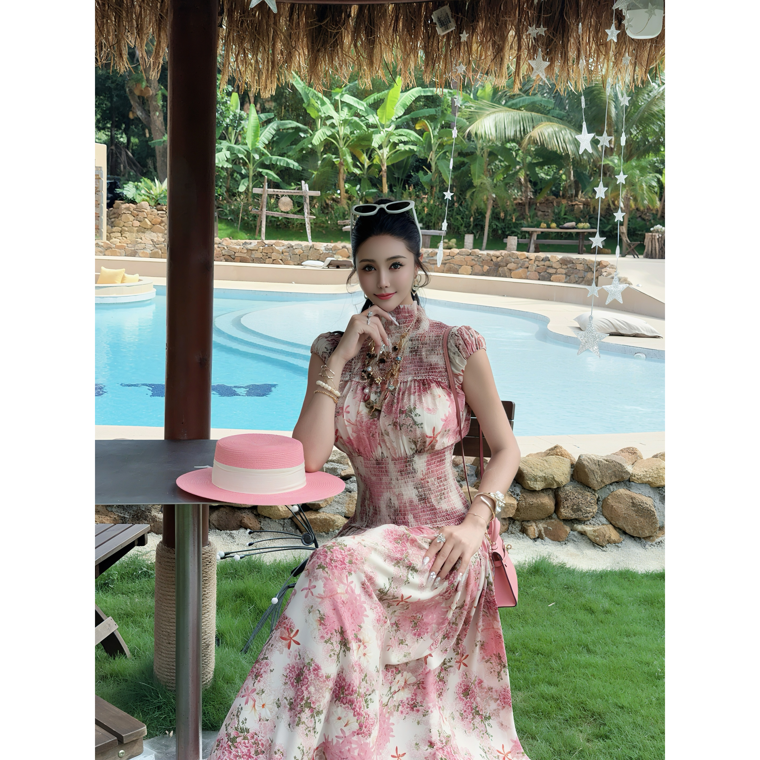 DIYI【花花公主】黑粉两色褶褶砍袖高领拖地裙QZ13910