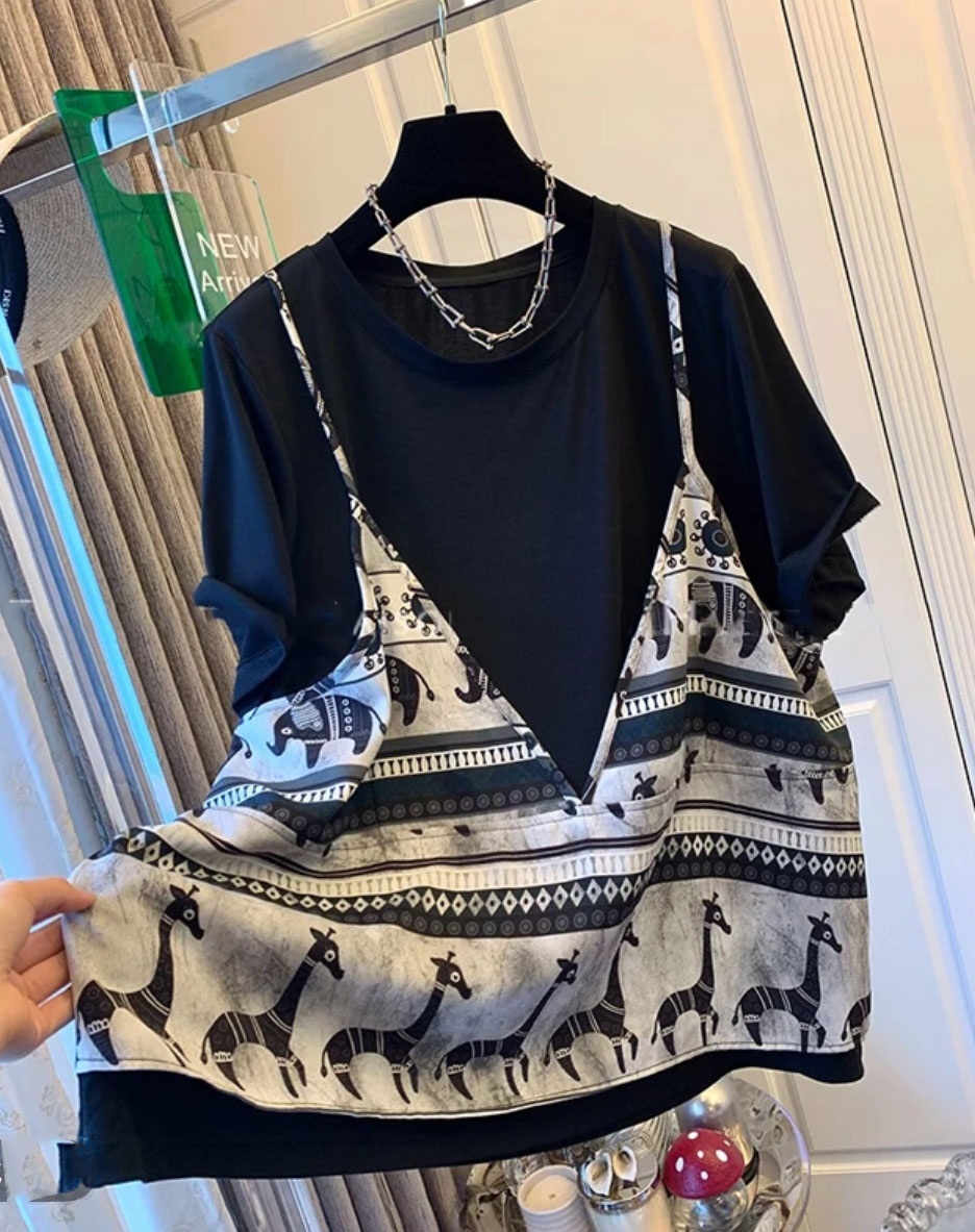 【动物图腾】新款女装黑色大象吊带假两件T恤高级感穿搭上衣D0206