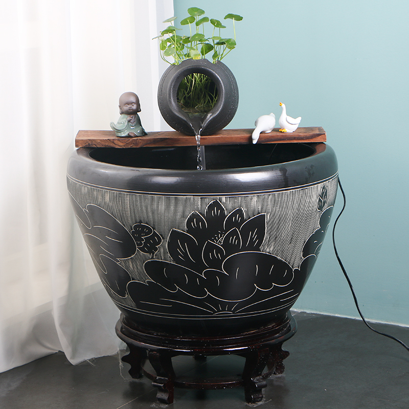 陶瓷鱼缸石槽古法养鱼水循环装饰陶罐流水造景摆件水池花园喷泉