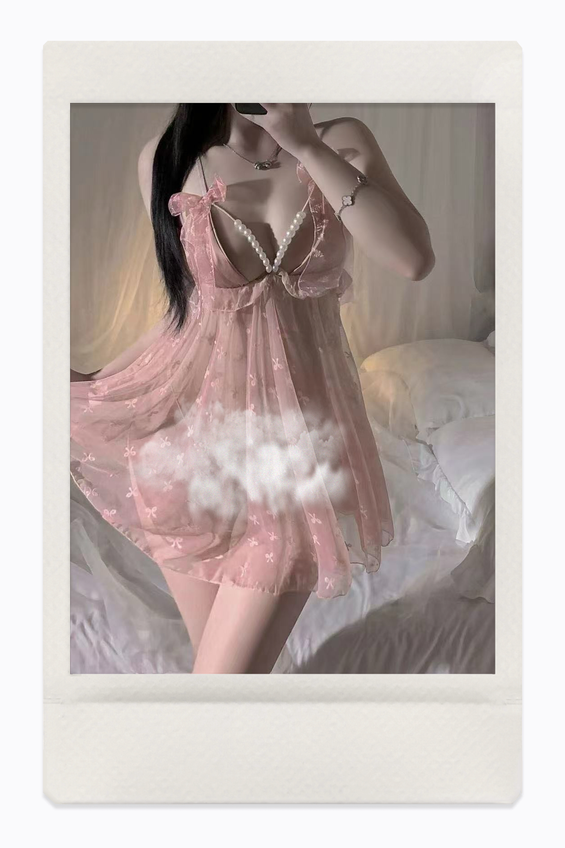 纯欲蕾丝V领睡裙性感带珍珠吊带裙朦胧高级感带珍珠裤裤家居睡衣