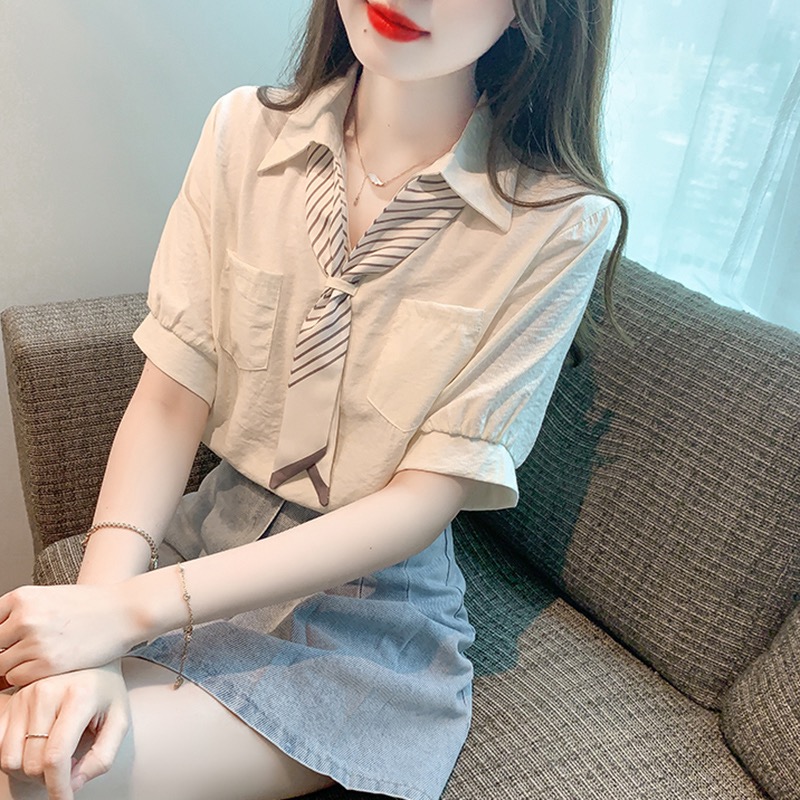 夏季新款时尚设计感小众领结短袖衬衫女法式复古别致上衣9515