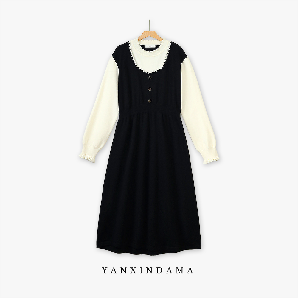 大码女装300斤胖MM法式假两件设计感圆领减龄连衣裙8035