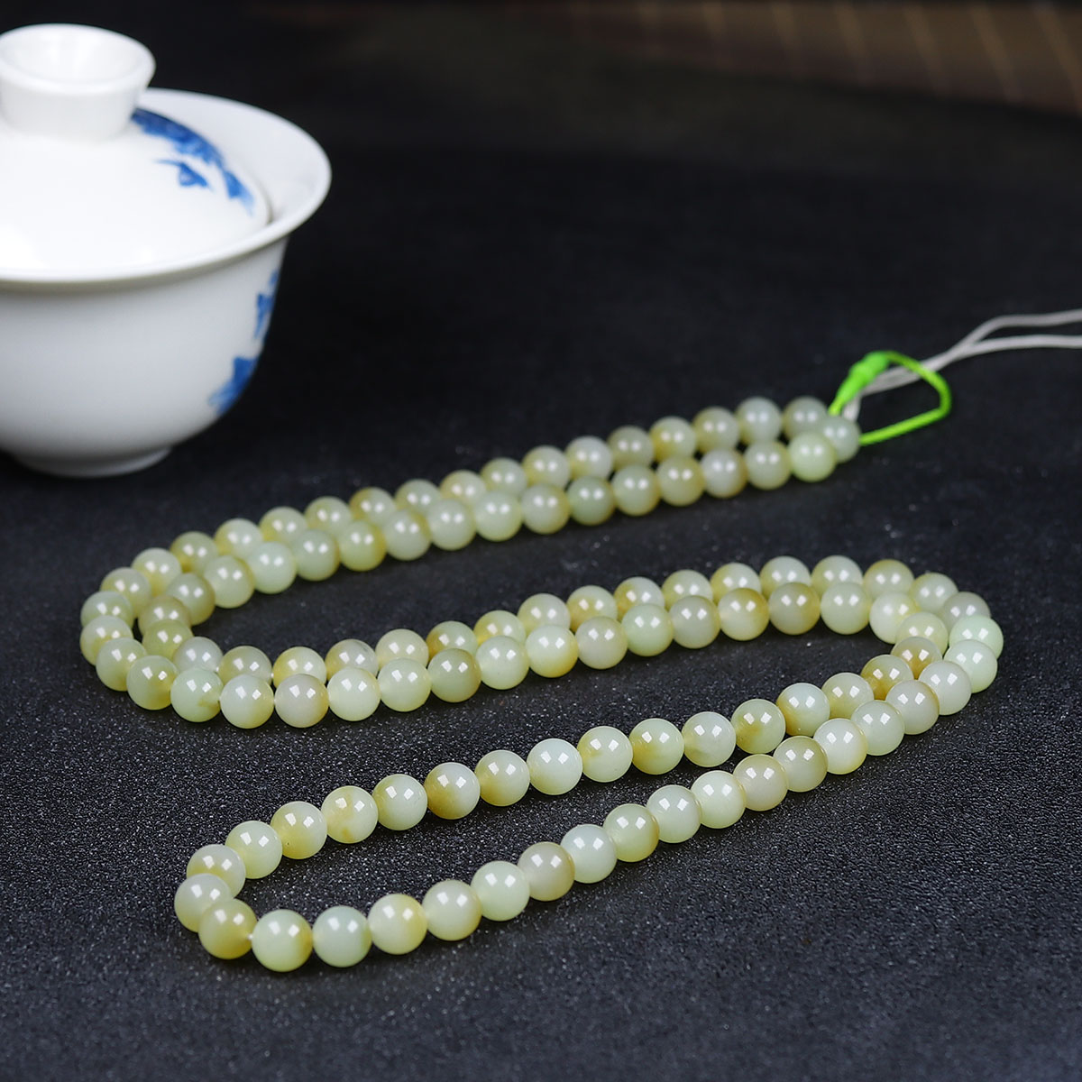 122332和田玉糖白玉圆珠项链
