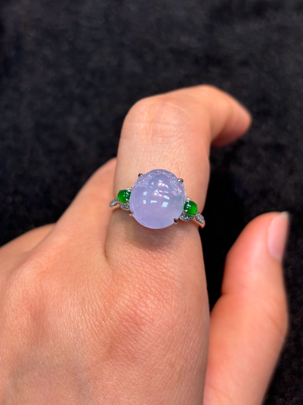 天然缅甸翡翠A货18k金镶嵌紫罗兰貔貅戒指