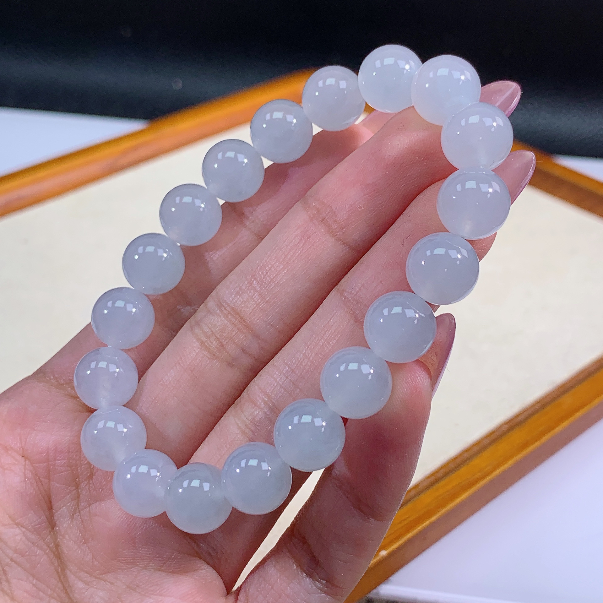 10.15-12缅甸天然翡翠A货白冰手串卡10mm19颗粒