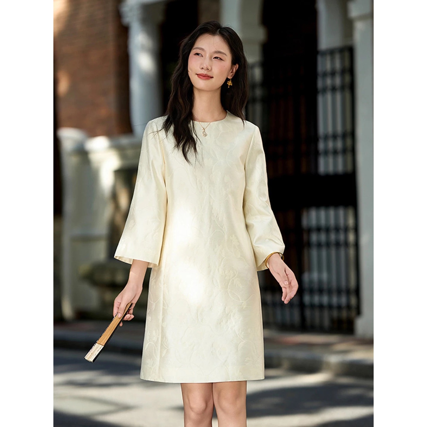 《小暖心选》2025秋装新款国风提花绵羊毛桑蚕丝连衣裙 76005