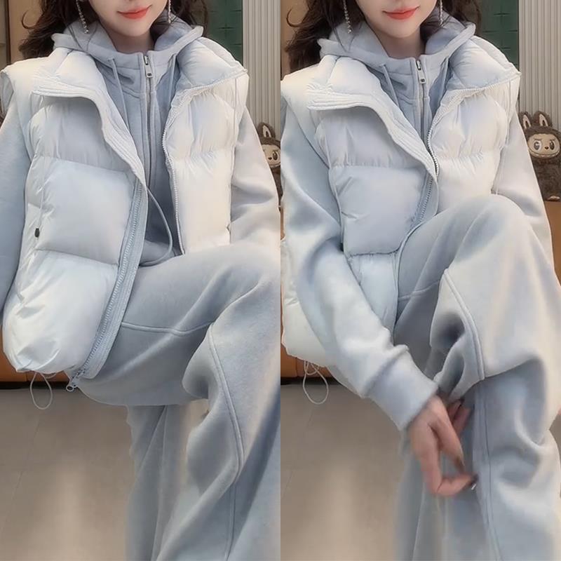 2025秋冬新款套装女时尚气质棉服马甲宽松连帽上衣休闲裤三件套