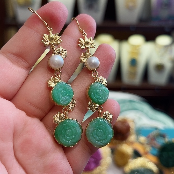 翡翠耳饰银S925镶嵌古风